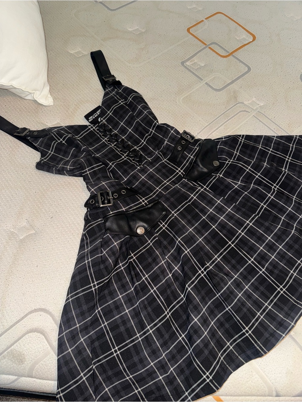 Killstar Black Plaid Punk Pinafore Dress with Faux Leather Trim